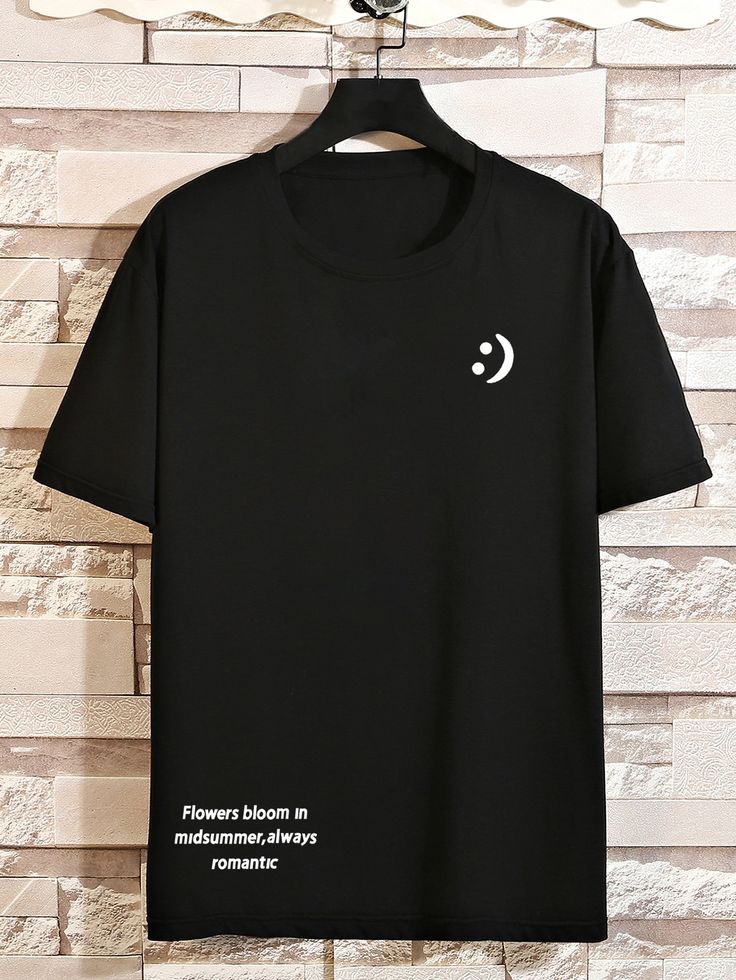 Black Casual Collar Short Sleeve Cotton Slogan…