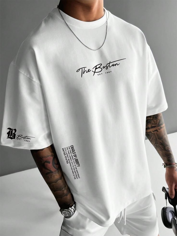 Men's Casual Slogan Print Loose Round Neck Short…