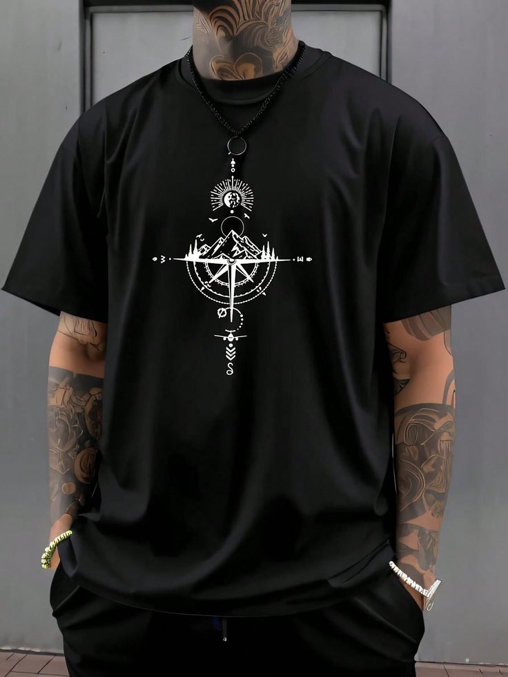 Men's Vintage Compass Print Short Sleeve Crew Neck…